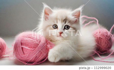 もこもこの子猫がピンク色の毛糸と並んで写っている様子 もこもこの子猫がピンク色の毛糸と並んで写っている様子 112999020