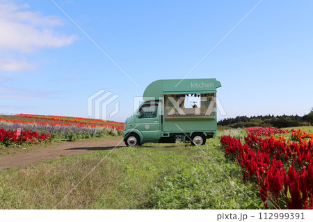 キッチンカーと花畑 112999391