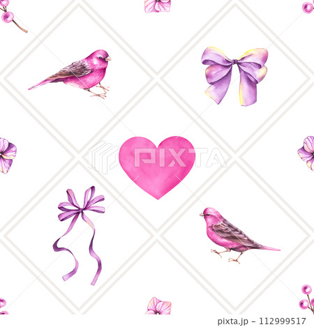Watercolor seamless geometric pattern with birds and flowers Watercolor seamless geometric pattern with birds and flowers 112999517