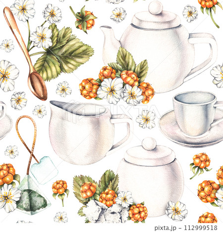 Watercolor seamless pattern with cloudberries and tea ceremony Watercolor seamless pattern with cloudberries and tea ceremony 112999518