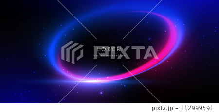 Abstract futuristic neon light curved pink and blue on dark blue background. 112999591