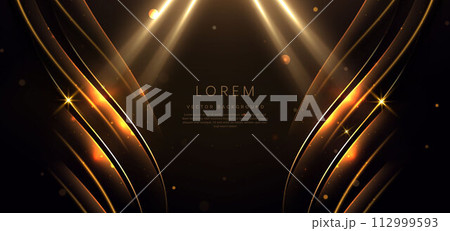 Luxury curve golden lines on dark brown background with lighting effect copy space for text. Luxury design style. 112999593