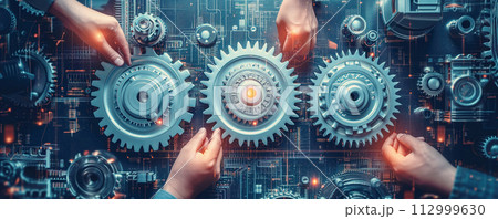 Human's hands connecting cog wheels on the table indoors. Concept of the teamwork and cooperation in business. 112999630