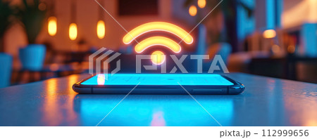 Smartphone lying on the table. Sigh of WIFI under phone. Concept of Wi-fi. 112999656