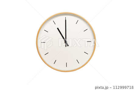 Isolated on white background Minimalist style wooden wall clock, showing time at 11.00 or 23.00 Isolated on white background Minimalist style wooden wall clock, showing time at 11.00 or 23.00 112999718
