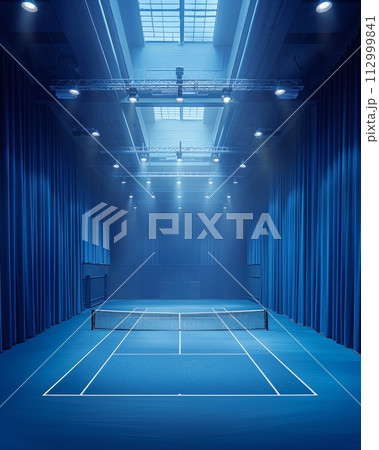 AI-generated content. Creative image of empty indoor tennis court with curtains of light blue fabric. 112999841