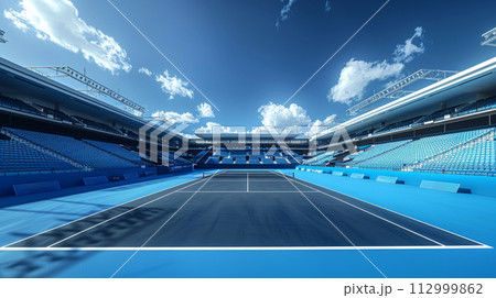 AI-generated content. Empty blue tennis court in large stadium with seating places and bright illumination. Open air court. Creative stadium design 112999862
