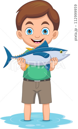 Little boy shows that he got a big fish in the river cartoon Little boy shows that he got a big fish in the river cartoon 112999959