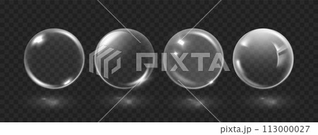 Realistic white transparent water bubbles with reflection on black transparent background. 3d glossy transparent crystal sphere 113000027