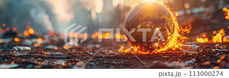 Abstract background of overheated earth globe on polluted land with plastic bottles and powerplant pipes. Pollution and global warming concept. 113000274