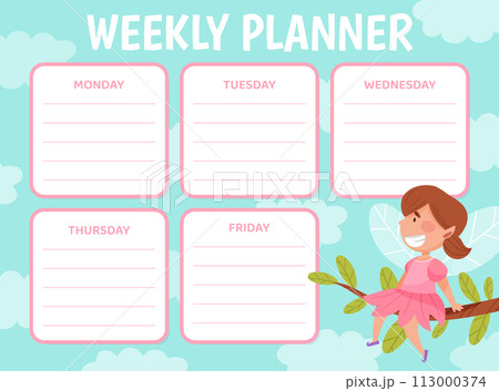 Little Girl Fairy with Wings on Empty Weekly Planner Vector Template 113000374