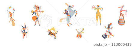 Circus Man and Woman Performer Showing Stunt and Trick Vector Set 113000435