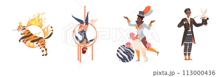 Circus Man and Woman Performer Showing Stunt and Trick Vector Set 113000436