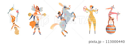 Circus Man and Woman Performer Showing Stunt and Trick Vector Set Circus Man and Woman Performer Showing Stunt and Trick Vector Set 113000440
