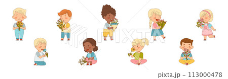 Little Kids with Seasonal Flower Bouquet Vector Set Little Kids with Seasonal Flower Bouquet Vector Set 113000478