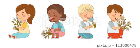 Little Kids with Seasonal Flower Bouquet Vector Set 113000479