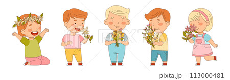 Little Kids with Seasonal Flower Bouquet Vector Set 113000481