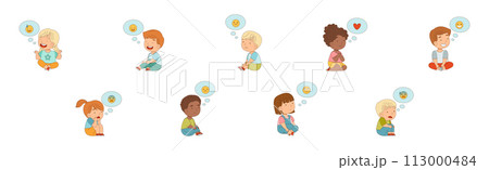 Children Sitting and Listen Fairytale Expressing Different Emotion Vector Set Children Sitting and Listen Fairytale Expressing Different Emotion Vector Set 113000484