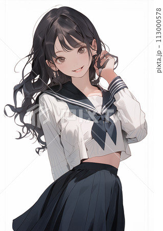 セーラー服を着た、黒い髪の女子高生3のイラスト素材 [113000578