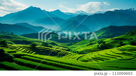 Rice harvesting on a plantation in Vietnam - AI generated image Rice harvesting on a plantation in Vietnam - AI generated image 113000603