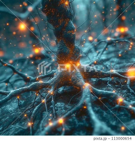 Abstract background with neural cells, scientific concept of neural connections and brain activity - AI generated image Abstract background with neural cells, scientific concept of neural connections and brain activity - AI generated image 113000654