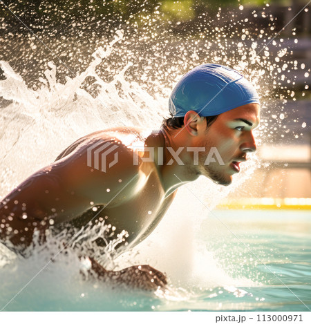 Young man swimming in a pool. 113000971