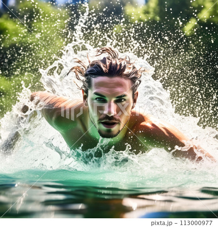 Young man swimming in a pool. Young man swimming in a pool. 113000977