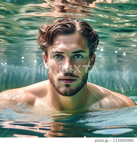 Young man swimming in a pool. 113000980