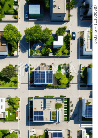 Solar panels on the roofs of buildings. Modern technology solution. 113000987