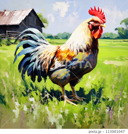 A rooster in rural area art painting. A rooster in rural area art painting. 113001047