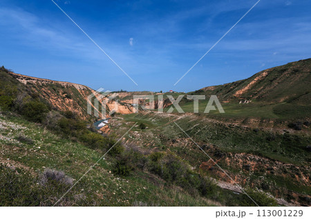 Landscape with canyon and Aksu river in Kazakhstan in spring 113001229
