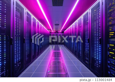 Server room with bright LEDs: a data center where light and technology merge into a virtuoso symphony 113001484
