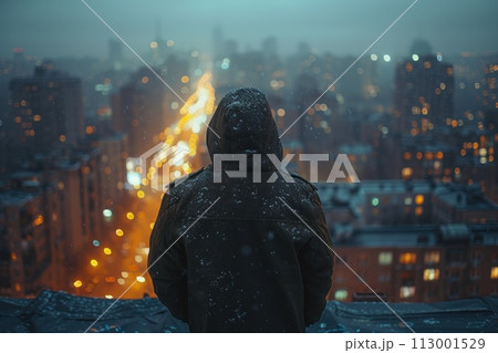 Secret Watchful Eyes: A Mysterious Man in a Hooded Jacket Surveys the City's Night Streets 113001529