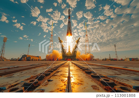 Take-off illuminates the sky: a spaceship soars into the bright sky, anticipating a great adventure 113001808