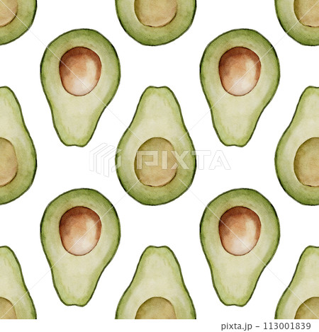 Avocado seamless Pattern. Watercolor background of green food. Hand drawn isolated illustration. Botanical painting of Fruit or Vegetable. Drawing of ornament for fabrics and kitchen textiles. 113001839