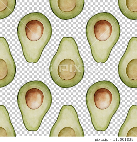 Avocado seamless Pattern. Watercolor background of green food. Hand drawn isolated illustration. Botanical painting of Fruit or Vegetable. Drawing of ornament for fabrics and kitchen textiles. 113001839