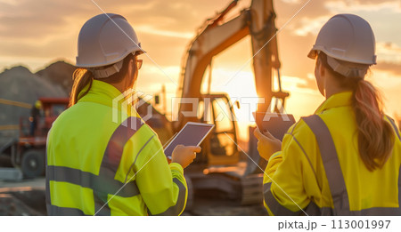 AI-generated content. Two Women in Hardhats at Construction Site 113001997