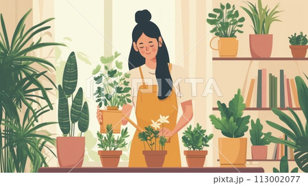 A girl gardener takes care of her plants with love and skill 113002077