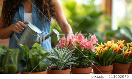 Caring woman watering flowers in pots from watering can 113002079