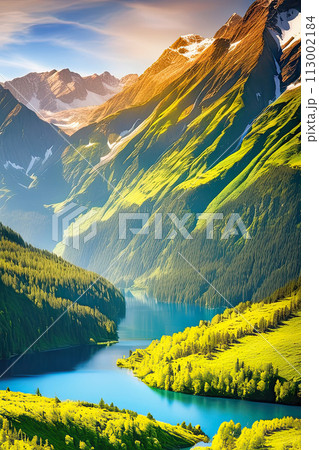 Scenic nature view painting. Beautiful landscape art. Scenic nature view painting. Beautiful landscape art. 113002184