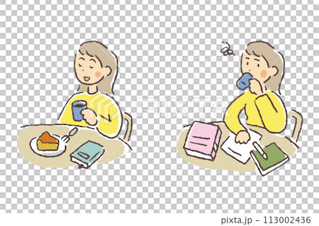 一位年輕女子厭倦了學習並喝著飲料和蛋糕休息一下的插圖 113002436