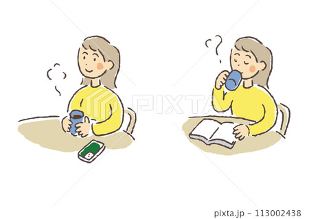 温かい飲み物で休憩する若い女性のイラスト 温かい飲み物で休憩する若い女性のイラスト 113002438