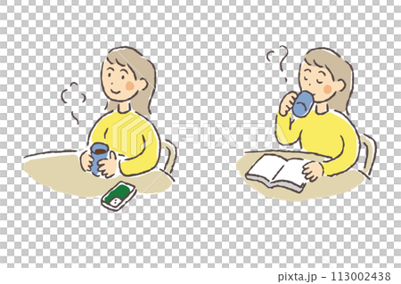温かい飲み物で休憩する若い女性のイラスト 温かい飲み物で休憩する若い女性のイラスト 113002438