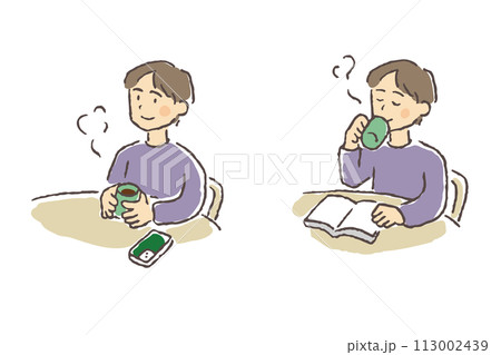 温かい飲み物で休憩する若い男性のイラスト 温かい飲み物で休憩する若い男性のイラスト 113002439