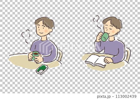 一個年輕人喝熱飲休息的插圖 113002439
