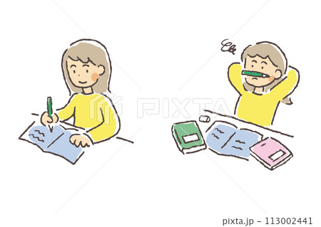 ノートをまとめるのに飽きた若い女性のイラスト 113002441