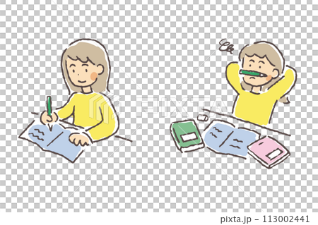 ノートをまとめるのに飽きた若い女性のイラスト 113002441