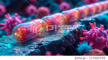 Pharmaceutical drug, medicine in health container. Pharmacy theme, capsule tablets antibiotics - AI generated image 113002505