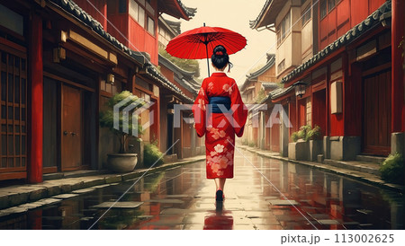 Portrait of a beautiful attractive Asian woman in traditional Japanese clothing, kimono, with an umbrella 113002625