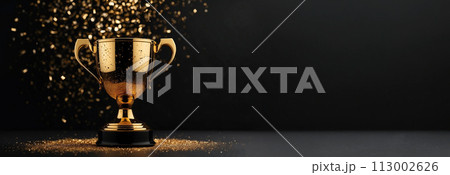 Sparkles black background with a winners cup. Champion golden trophy on black background. Concept of success and achievement. 113002626
